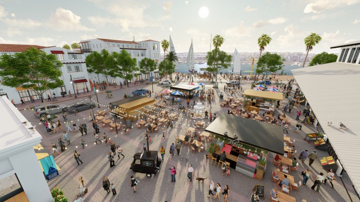 Envisioned public market plaza, shops, offices and boutique hotel at the wharf