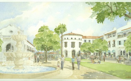 Perspective of mixed-use buildings on proposed town square