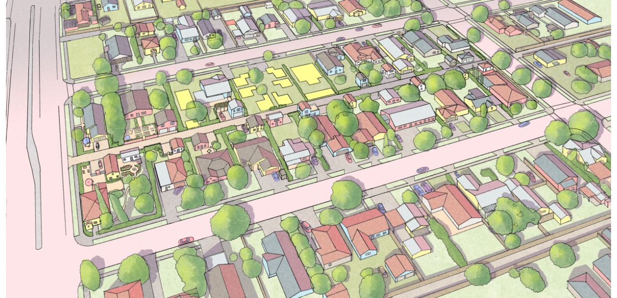 Potential Future Neighborhood Scale Multi-Family Infill shown in Yellow