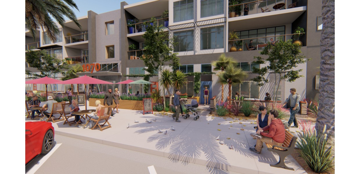 Wide, Active Sidewalks in Mixed-Use Center