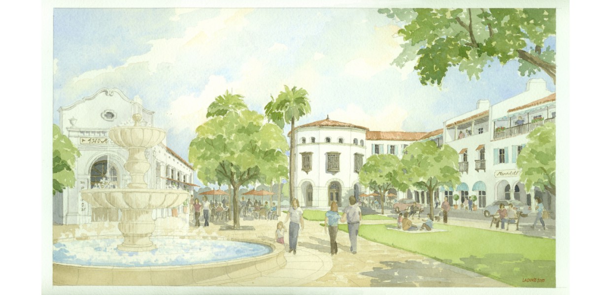 Perspective of mixed-use buildings on proposed town square